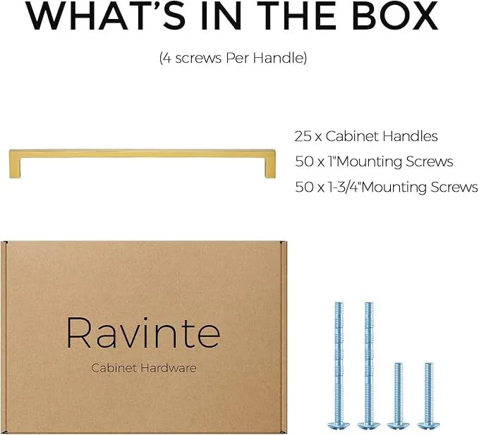 Ravinte 25 Pack 10 Inch Solid Square Cabinet Pulls - Brushed Brass Handles for Kitchen Cabinets & Drawers - ModernBath