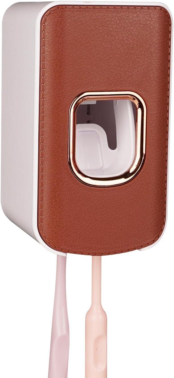 2 Slot Plastic Toothbrush Holder and Toothpaste Dispenser Wall Mounted, Automatic Toothpaste Squeezer, 2 in 1 Tooth Brush Toothpaste Organizer for Shower (Brown) - ModernBath