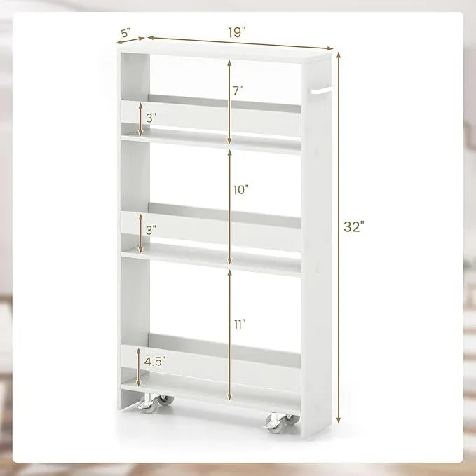 Giantex Slim Storage Cart 4 Tier, Rolling Narrow Island Cart, Side Cabinet w/Handle, Space Saving Trolley, Kitchen Utility Cart Tower Rack for Dining Room Laundry Room Bathroom, White - ModernBath