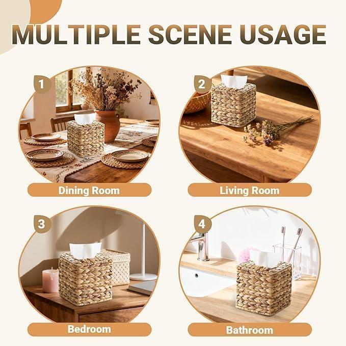 4 Pack Square Rattan Tissue Box Cover, Water Hyacinth Tissue Box Holder, Natural Hand Woven Wicker Tissue Holder for Bathroom, Kitchen, Living Room, Bedroom, Boho Decorative - ModernBath