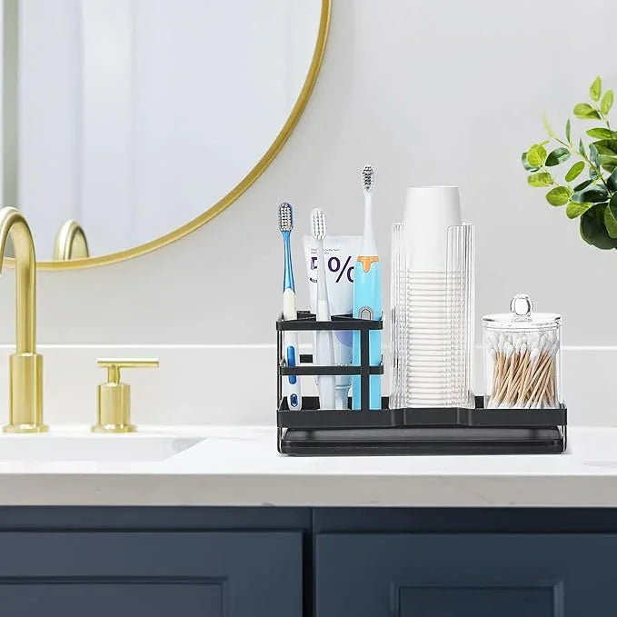 MYITYARD Toothbrush Holders for Bathrooms, Cotton Swabs & Cups Dispenser Set - Metal Electric Tooth Brushing & Toothpaste Countertop Organizer with Drainage for Shower, Sink - Black - ModernBath