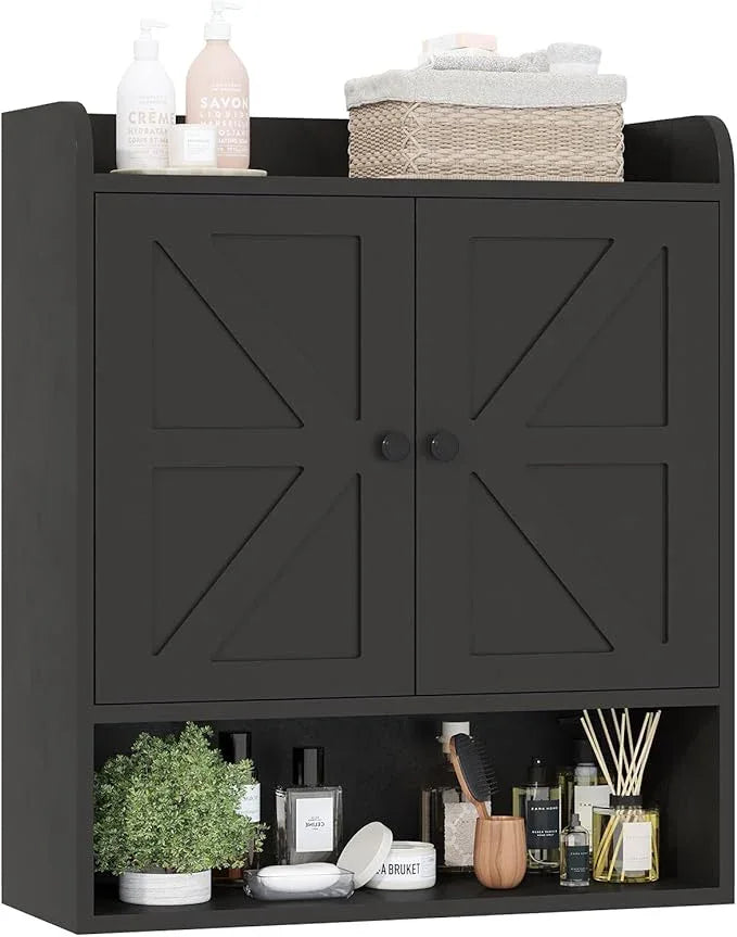 EasyCom 22" W x 26" H Bathroom Wall Cabinet, Farmhouse Medicine Cabinet with Adjustable Shelves and Double Barn Doors, Over The Toilet Storage Cabinet for Bathroom, Kitchen, Living Room, Black - ModernBath