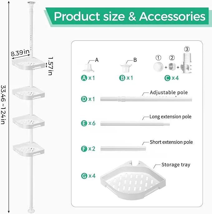 shuang qing 4-Tier Corner Shower Caddy Tension Pole Organizer - Adjustable Rustproof Metal Tension Pole, Plastic Shelves with Safety Guardrail, Bathroom Storage for Shower & Bathtub(White) - ModernBath