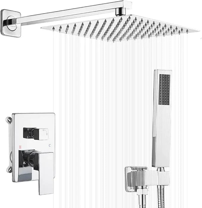 JingGang Polished Chrome Shower System 10 Inch Bathroom Luxury Rain Mixer Shower Combo Set Wall Mounted Rainfall Shower Head and Handheld System Shower Faucet Rough-in Valve Body and Trim Kit - ModernBath