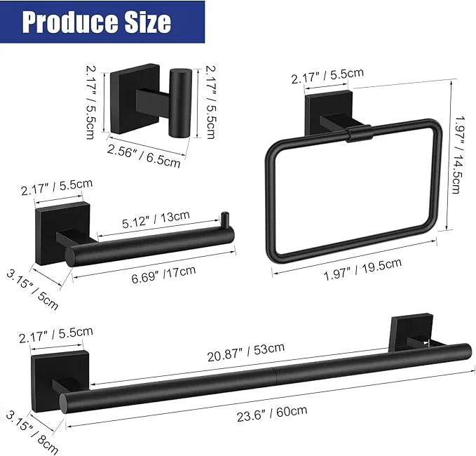 TNOMS 5 Pieces Matte Black Bathroom Hardware Set Black Towel Bar Set for Bathroom SUS304 Stainless Steel Wall-Mounted Towel Racks Set 23.6 Inch - ModernBath