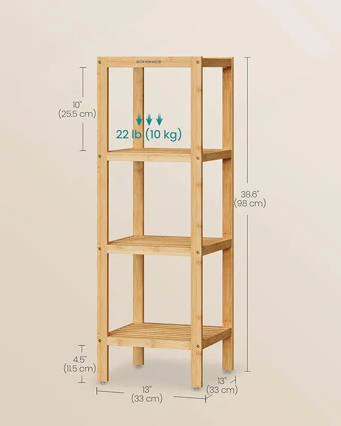 SONGMICS Bamboo Storage Shelf, 4-Tier Shelving Unit, Multifunctional, in the Entryway, Bathroom, Living Room, Balcony, Kitchen, 13 x 13 x 38.6 Inches, Light Bamboo UBCB54Y - ModernBath