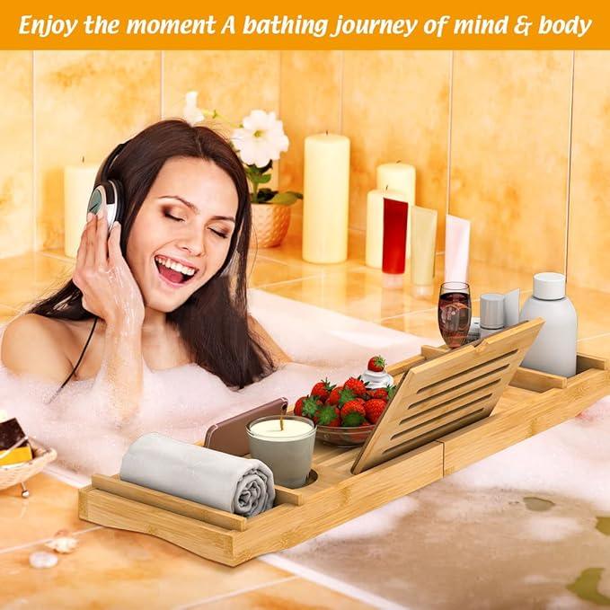 Bamboo Bathtub Tray for Luxury Bathroom, Expandable Premium Bath Tray w/Soap Towel Book Holder, Adjustable Bath Accessories for Tub,Extendable Tub Tray w/Wine Glass Cup Organizer 29.5"-43.3" Nature - ModernBath