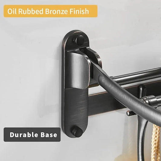 BESy 24 Inch Oil Rubbed Bronze Towel Racks, Bathroom Towel Shelf with Foldable Towel Bar Holder and Towel Hooks, Wall Mounted Multifunctional Bathroom Accessories, Double Towel Bars - ModernBath
