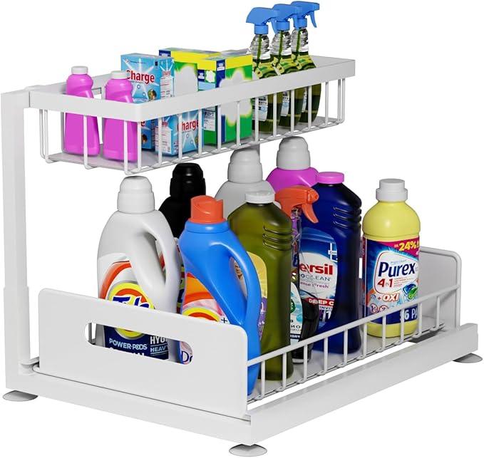 2-Tier Under Sink Slide Out Organizer, Pull Out Cabinet Storage Shelf with Sliding Wire Basket Drawer for Bathroom Kitchen, Countertop or Pantry Shelf, White - ModernBath