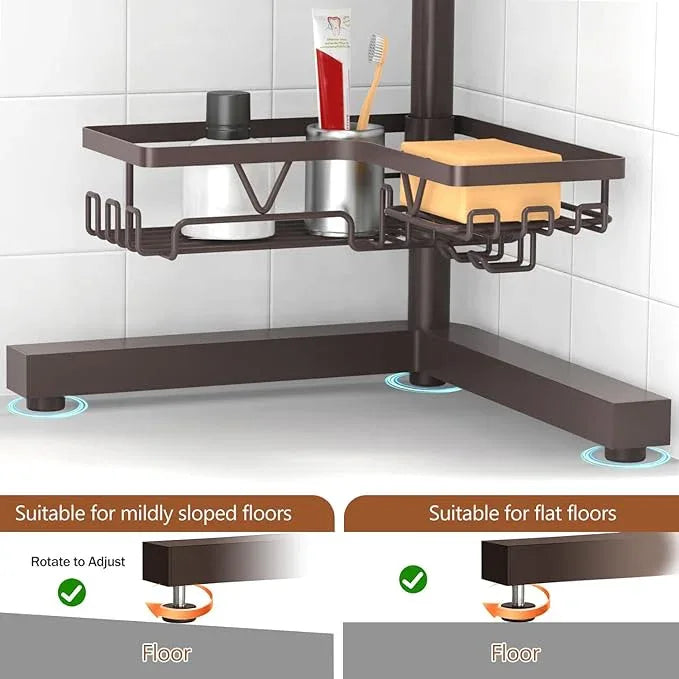 KEGII Floor Corner Shower Caddy Standing, Rustproof 4-Tier Shower Shelf Organizer with Hooks & Soap Holder, Free-Standing Bathroom Storage Rack for Shampoo & Toiletries, Bronze - ModernBath