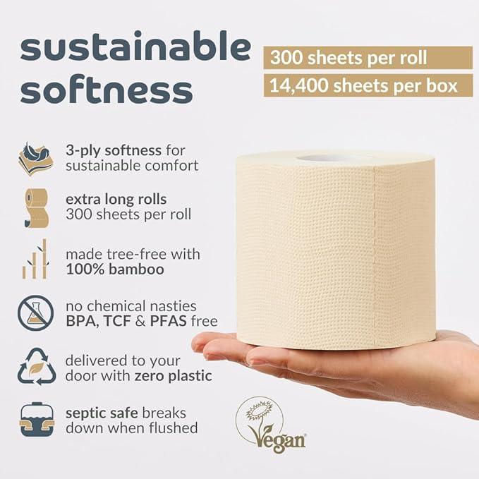 Bumboo Bamboo Toilet Roll 48 Pack | Unbleached Toilet Paper 3 ply, 300 Sheets | Eco Toilet Rolls Bulk Buy | Plastic-Free, Soft, Strong, Sustainable Loo Roll - ModernBath