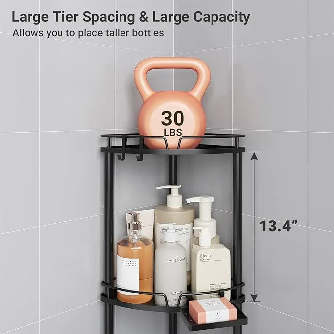 ELYKEN Corner Shower Caddy Standing, 4 Tier Rustproof Metal Shower Organizer with Soap Holder, Floor Shower Corner Shelf Rack Storage Stands with Adjustable Feet & 2 Hooks for Bathroom, Black - ModernBath