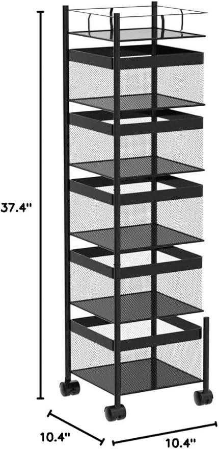 Fruit and Vegetable Basket for Kitchen No Assembly， Rotating Storage Rack,Bathroom Storage Shelf, Kitchen Organizers and Storage Cart on Rolling Wheels(Black, 5 Tier-Square) - ModernBath