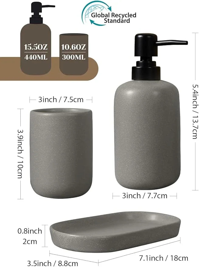 INGOFIN 3 Pcs Ceramic Bathroom Accessory Set - Liquid Soap Dispenser, Toothbrush Holder & Tray, Bathroom Counter Set, Countertop Essentials for Home, Guest Bathroom, or Office Use, Grey - ModernBath