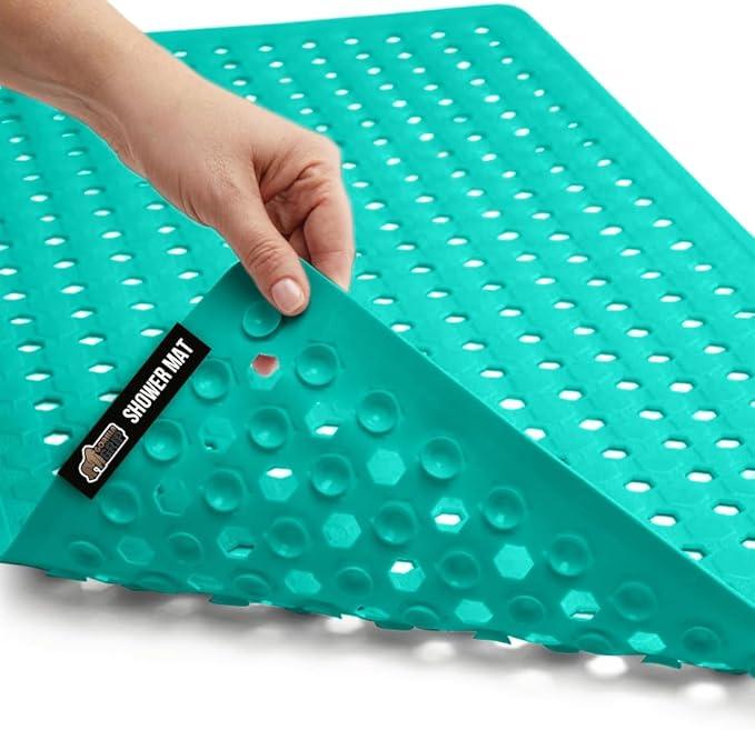 GORILLA GRIP Patented Bath Tub Shower Mat, Machine Washable Bathtub Floor Liner Mats, Suction Cups and Drain Holes to Keep Tubs Clean, Soft on Feet, Bathroom Essentials, 35x16 Inch, Turquoise Opaque - ModernBath
