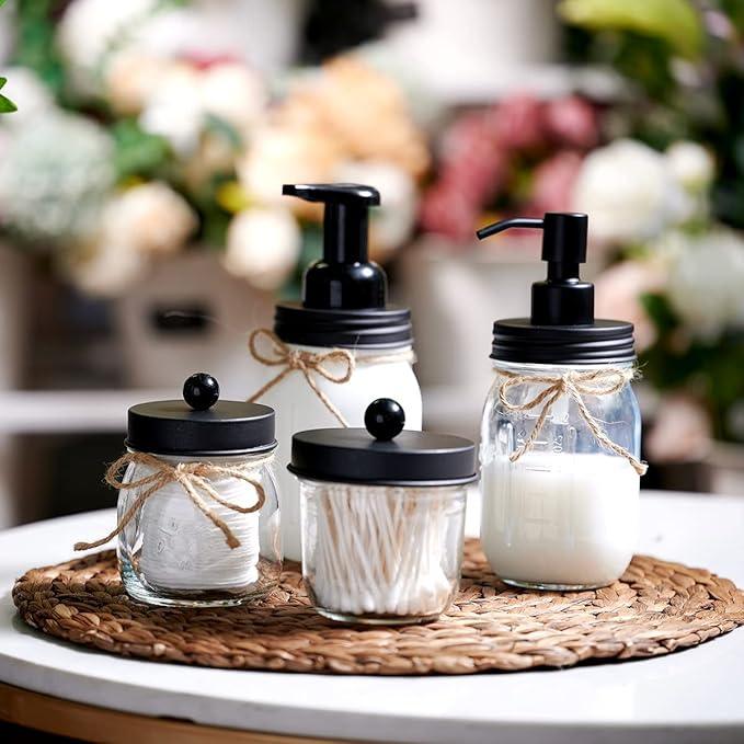 Amolliar Mason Jar Bathroom Accessories Set(4 Pack) - Foaming Soap Dispenser&Qtip Holder Set&Toothbrush Holder-Rustic Farmhouse Decor Bathroom Organizer Apothecary Jar Country Countertop (Black) - ModernBath
