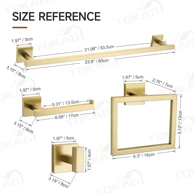 TQKAG Brushed Gold Bathroom Hardware Accessories Set 10 Pieces, 23.6" SUS304 Stainless Steel Towel Bar Set Wall Mounted Includes Single Towel Bar, Towel Ring, Toilet Paper Holder, Double Towel Hooks - ModernBath