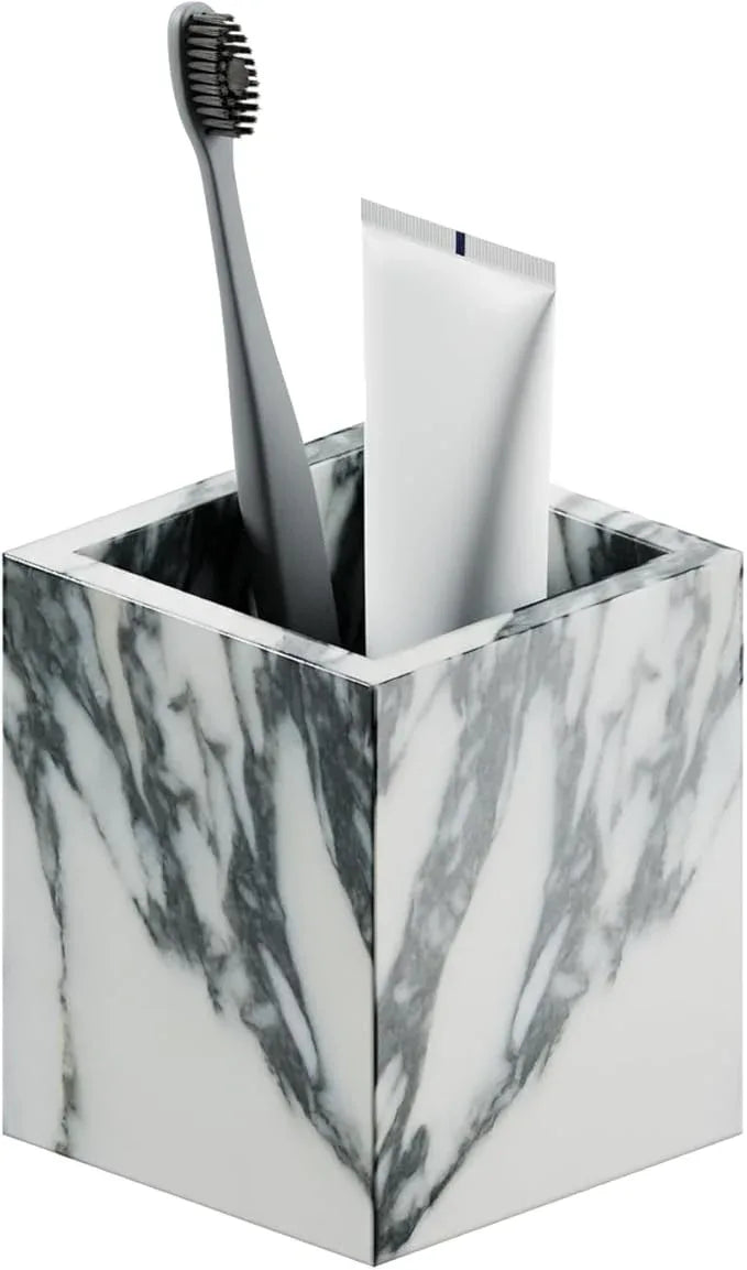Marble Toothbrush Holder – 4.1" Genuine Stone Bathroom Cup for Makeup Brushes, Pens & Utensils | Natural Marble Organizer for Vanity, Countertop & Home Décor (Arabescato White & Grey) - ModernBath