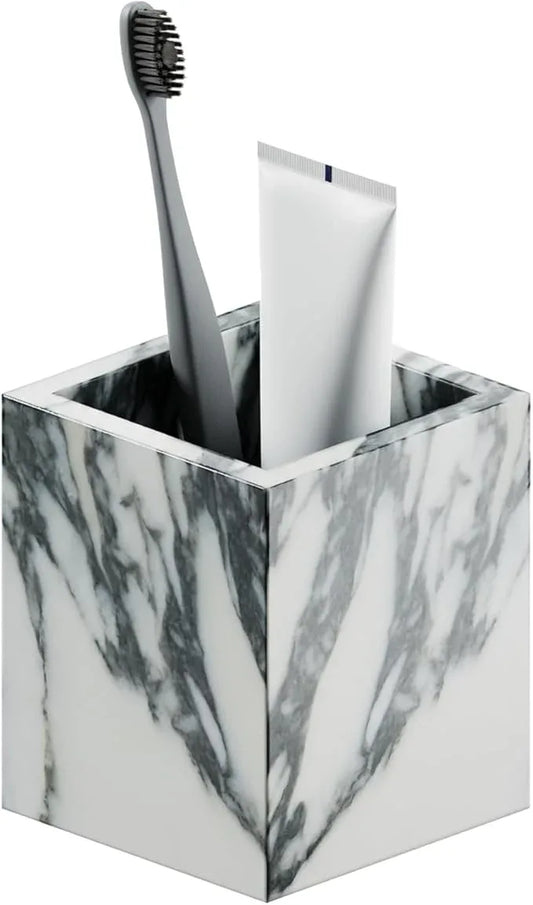 Marble Toothbrush Holder – 4.1" Genuine Stone Bathroom Cup for Makeup Brushes, Pens & Utensils | Natural Marble Organizer for Vanity, Countertop & Home Décor (Arabescato White & Grey) - ModernBath