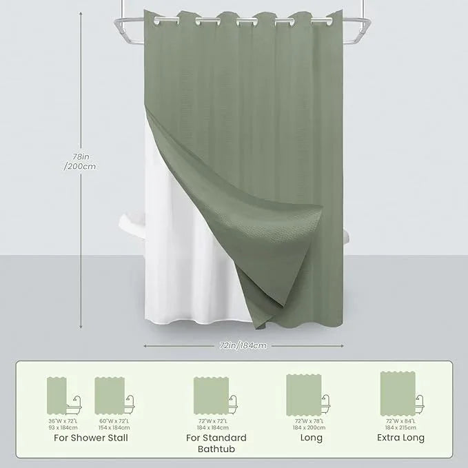 Inhousolu No Hook Waffle Weave Shower Curtain with Removable Snap in Fabric Liner Set for Bathroom, 230 GSM Heavy Duty Weighted Hem, Water Repellent Washable Bath Curtains, 72 x 78 Inch, Sage Green - ModernBath