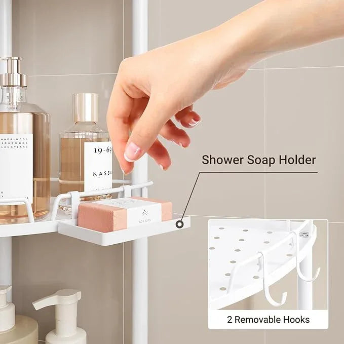 ELYKEN Corner Shower Caddy Standing, 3 Tier Rustproof Metal Shower Organizer with Soap Holder, Floor Shower Corner Shelf Rack Storage Stands with Adjustable Feet & 2 Hooks for Bathroom, White - ModernBath