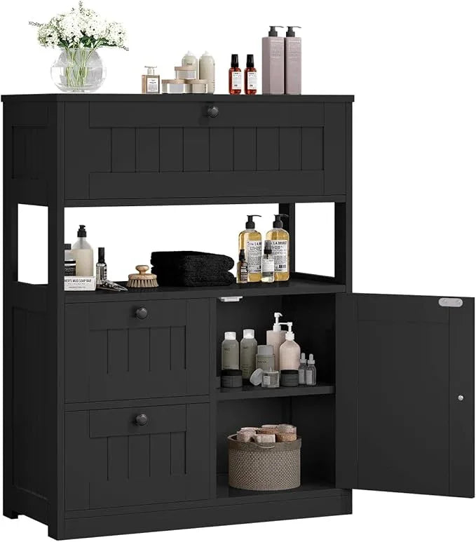 Storage Cabinet, Modern Bathroom Floor Storage Cabinet Organizer with 1 Door and 3 Drawers, Freestanding Cupboard for Kitchen/Living Room Use - ModernBath
