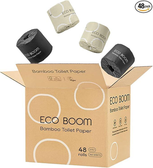 ECO BOOM Unbleached Bamboo Toilet Paper, 48 Mega Rolls, 100% Tree-Free 3-Ply, Plastic-Free Packaging, 360 Sheets | PFAS Free, BPA Free, Septic Safe & FSC Certified - ModernBath