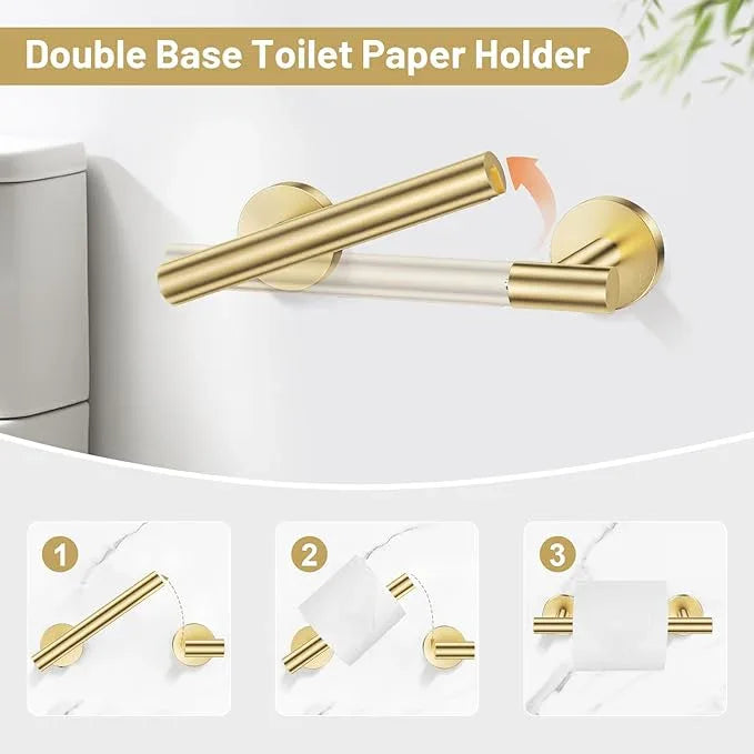 Lairuier Brushed Gold Towel Holder Set Include Double Bases Toilet Paper Holder,Towel Ring and 2 Towel Hooks Stainless Steel Wall Mounted Bathroom Hardware Accessories Set - ModernBath