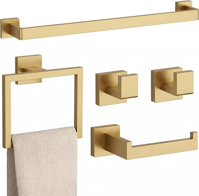 5-Piece Brushed Gold Bathroom Accessories Set – 23.6" Towel Bar, Towel Ring, Toilet Paper Holder & Hooks, Wall Mounted Bathroom Hardware, Rust & Corrosion-Resistant, Ideal for Modern Bathrooms - ModernBath