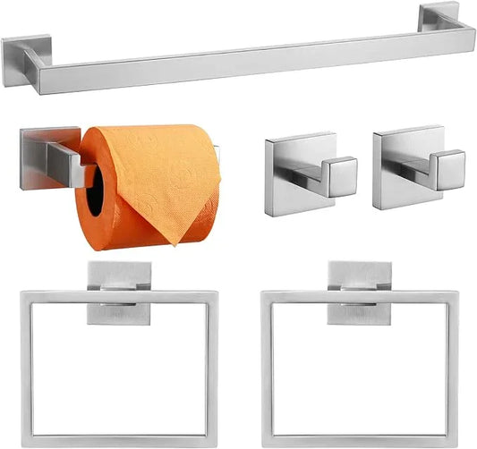 TQKAG 6-Piece Bathroom Towel Bar Sets Brushed Nickel 23.6 inch Towel Bar Stainless Steel Towel Ring Coat Hook and Toilet Paper Holder Bathroom Hardware Set Wall Mounted Bathroom Accessories Kit - ModernBath