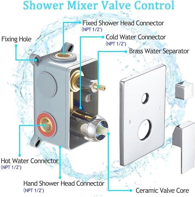 annazom Chrome Shower System with High Pressure 8'' Rainfall Shower Head, Handheld Shower head, Bathroom Luxury Rain Mixer Shower Combo Set Wall Mounted Shower Faucet Rough-in Valve and Trim Kit - ModernBath