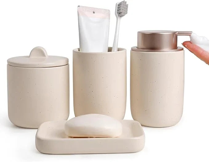 BosilunLife Apricot Bathroom Accessories Set - Ceramic Bathroom Accessories Sets Complete Foaming Soap Dispenser and Toothbrush Holder Set, Soap Dish, Qtip & Cotton Ball Holder Modern Bathroom Set - ModernBath