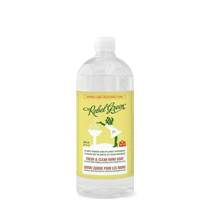 Rebel Green Fresh & Clean Hand Soap Refill - Natural Liquid Hand Soap Refill for Bathroom & Kitchen - Peppermint and Lemon Scent, 32 Fl Oz - ModernBath