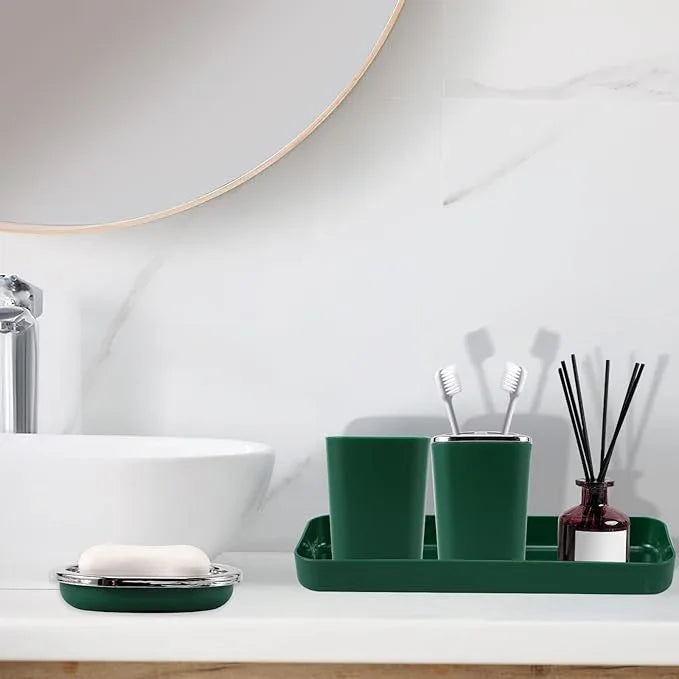 XLHOMO Dark Green Bathroom Accessories Set, Bathroom Sets with Shower Curtain, Green Bathroom Accessories with Trash Can, Soap Dispenser, Soap Dish, Toilet Brush Holder, Qtip Holders for Bathroom - ModernBath