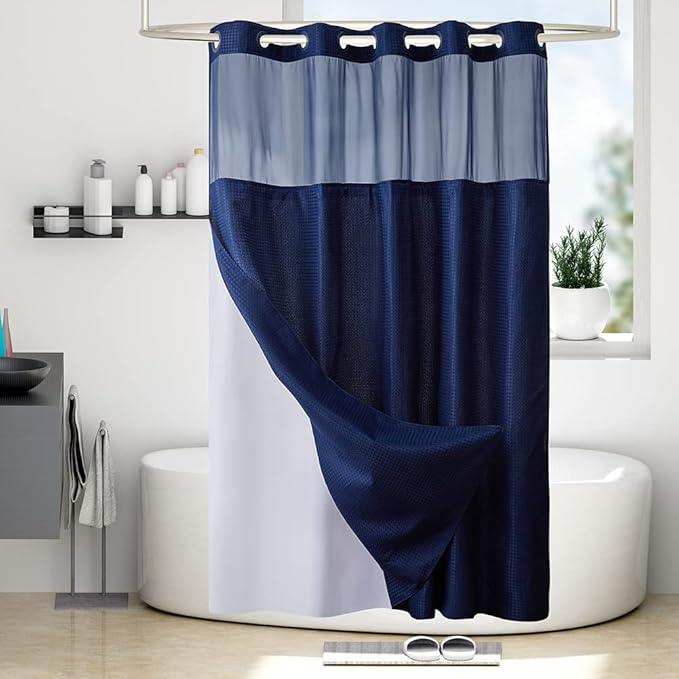 Furlinic Waffle Weave No Hook Shower Curtain with Snap in Fabric Liner Set,Heavy Duty Textured Bathroom Curtain with See Through Window,Waterproof & Machine Washable,Navy Blue,71x72 Inch - ModernBath