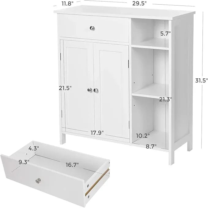 VASAGLE Floor Storage Cabinet with Drawer, Freestanding Cabinet with Doors, 3 Open Compartments, Adjustable Shelves, 11.8 x 29.5 x 31.5 Inches, for Bathroom, Living Room, Cloud White UBBC142W01 - ModernBath