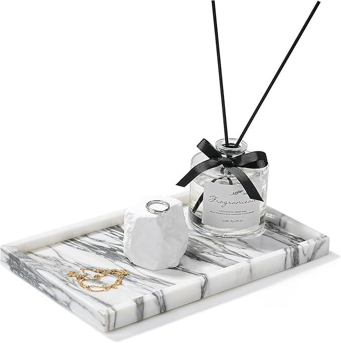 Amauto Natural Marble Vanity Tray Genuine Stone Storage Tray Real Luxurious for Home Decor Bathroom/Vanity/Dresser Non-Resin/Non-Ceramic (Arabescato Calacatta) - ModernBath