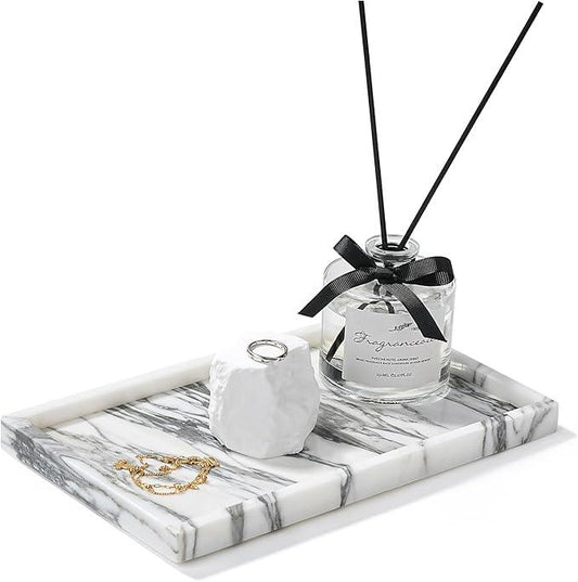 Amauto Natural Marble Vanity Tray Genuine Stone Storage Tray Real Luxurious for Home Decor Bathroom/Vanity/Dresser Non-Resin/Non-Ceramic (Arabescato Calacatta) - ModernBath