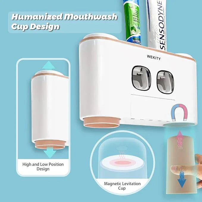 Toothbrush Holder Wall Mounted, WEKITY Multi-Functional Toothbrush and Toothpaste Dispenser for Bathroom, with 5 Toothbrush Slots, 2 Toothpaste Squeezers and 4 Cups(Pink) - ModernBath
