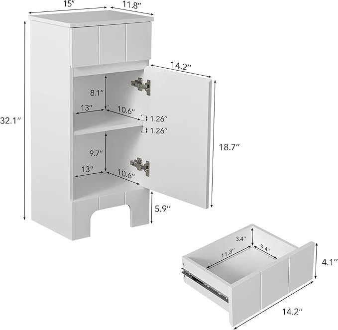 Small Bathroom Cabinet with Adjustable Shelves, Drawer, Anti-Tip Design, 14.96" L x 11.81" W x 32.09" H, Durable MDF for Bathroom, Kitchen, Laundry, Soft-Close Door - ModernBath