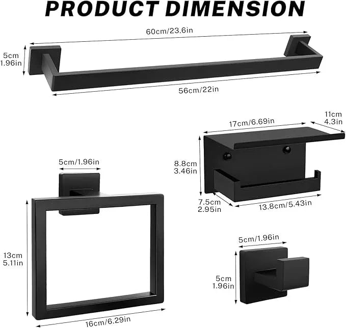 Matte Black Towel Bar Set 10-Pieces Bathroom Hardware Set,23.6 Inch Towel Bar Stainless Steel Wall-Mounted - ModernBath