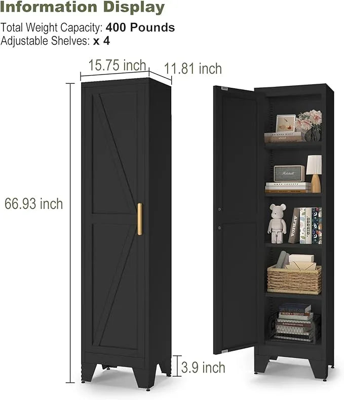 COFaR Tall Bathroom Cabinet, Metal Farmhouse Narrow Slim Storage Cabinet with Adjustable Shelves Barn Door for Bathrooms, Kitchens, Entrances Living Room (Black) - ModernBath