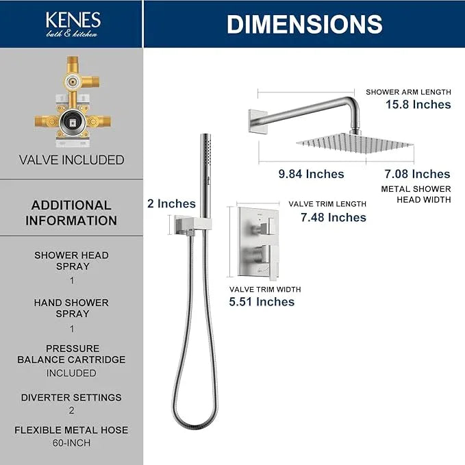 KENES Square Rainfall Shower System Faucet Set, Brushed Nickel Rain Shower Head and Handle Set, 10 Inch Stainless Shower Head with Handheld Spray (Shower Valve Included), LJ-6026A - ModernBath