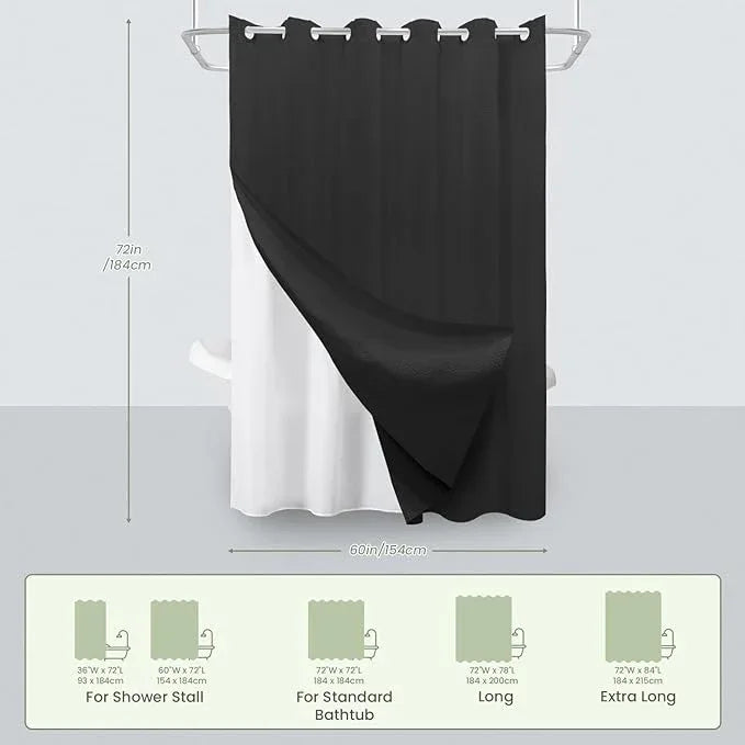 Inhousolu No Hook Waffle Weave Shower Curtain with Removable Snap in Fabric Liner Set for Bathroom, 230 GSM Heavy Duty Weighted Hem, Water Repellent Washable Bath Curtains, 60 x 72 Inch, Black - ModernBath
