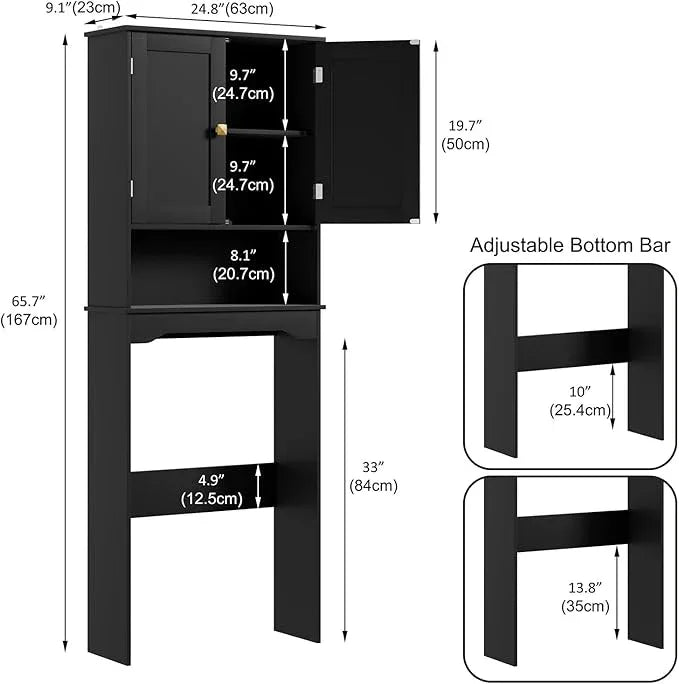 RRX Bathroom Over The Toilet Storage Cabinet, Above Toilet Cabinets Organizer, 24.8" L x 9.1 "W x 65.7 "H Free Standing Toilet Rack with Adjustable Shelf and Open Storage(Black) - ModernBath