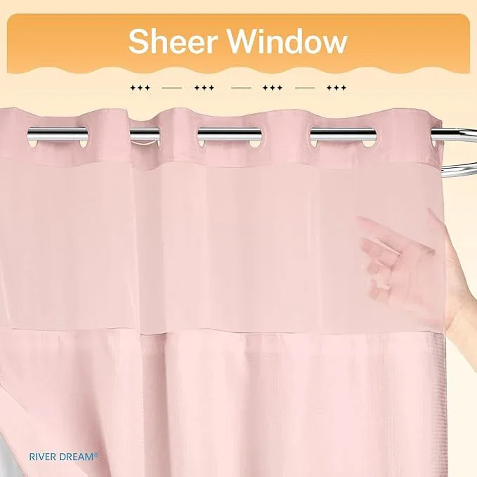 River Dream No Hooks Required Dotted Pink Shower Curtain with Snap in Liner - 71" W x 74" H,Hotel Grade,Spa Like Bath Curtain - ModernBath