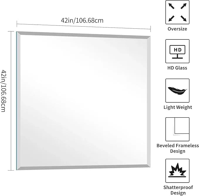 KOCUUY Beveled Mirror, 42x42 Inch Large Frameless Square Bathroom Mirror for Over Sink, Upgraded Shatterproof Beveled Unframed Design Mirror for Bathroom, Bedroom, Hang Horizontal/Vertical - ModernBath
