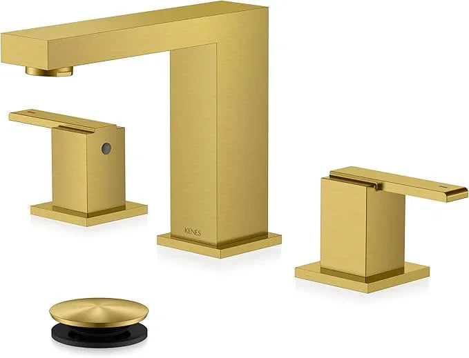 KENES Brushed Gold Widespread Bathroom Faucet 3 Hole Bathroom Sink Faucet Gold Two Handle, 8-Inch 3 Pieces Bathroom Vanity Faucet with Pop Up Drain & Supply Lines, KE-9050-4-P - ModernBath