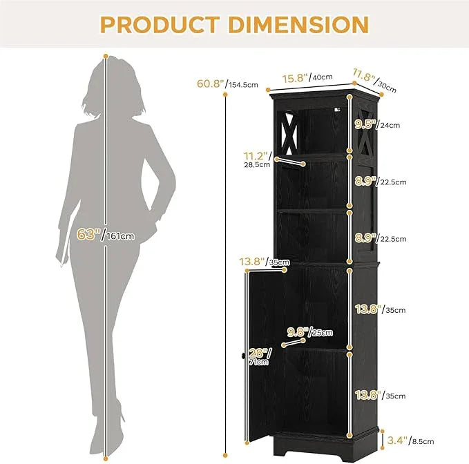 Narrow Bathroom Storage Cabinet with Door and Open Adjustable Shelves, 60.9" H Wooden Tall Tower Corner Farmhouse Cabinet, Freestanding Organizer for Kitchen, Entryway Black - ModernBath