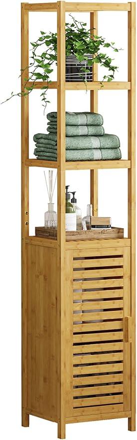 VIAGDO Storage Tall Slim Cabinet with Shutter Door and 3 Tier Shelves, Freestanding Linen Tower Cabinet for Living Room, Kitchen, Bathroom Organizer, Natural Bamboo - ModernBath